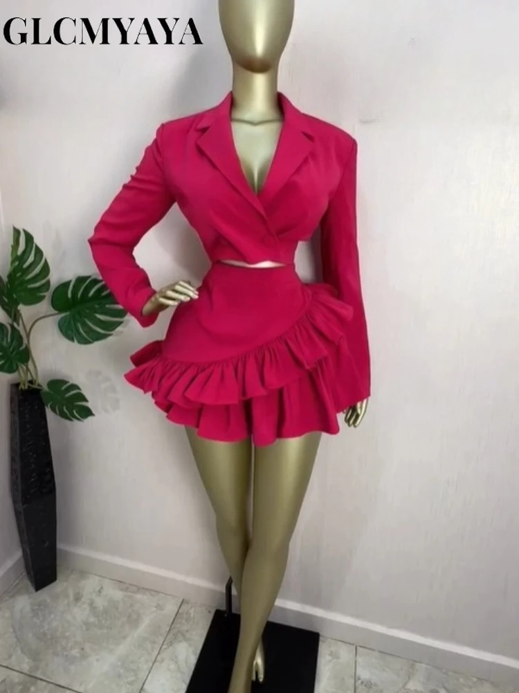 CM.YAYA Женский блейзер с длинными рукавами и бальное платье Мини-юбка трапециевидной формы 2026 Уличная вечеринка Ночной пляж Комплект из двух предметов