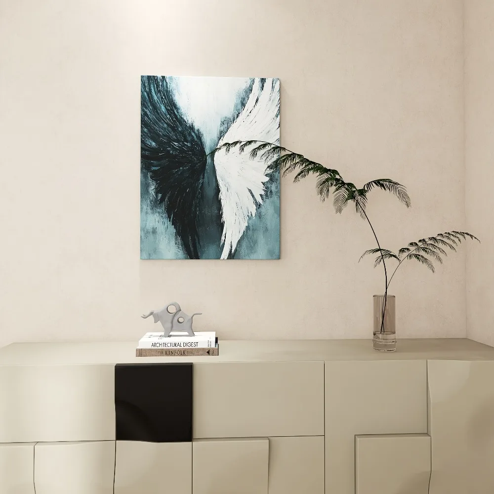 

Modern black and white angel wings canvas painting, pine frame - 1.5 "thickness, abstract wall trim, interior trim