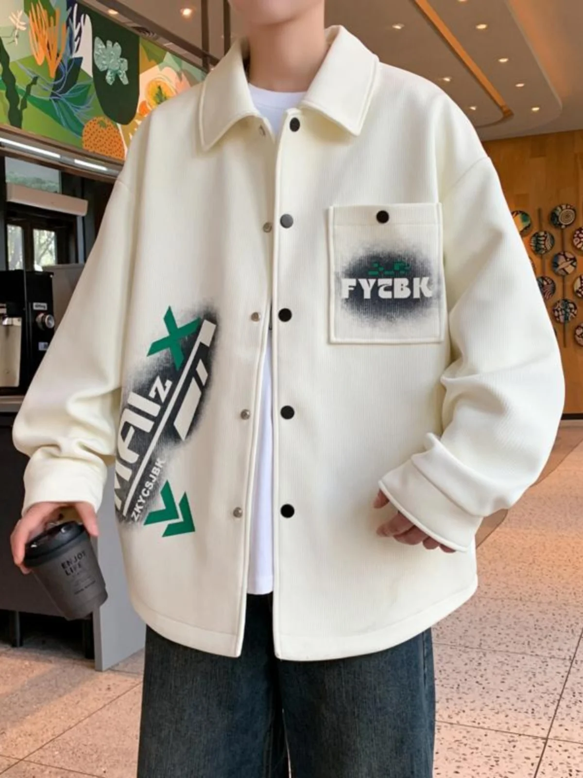 

New Chinese Sle Printed Jaet Men's Spring New irt Sle Collar Jaet Teenage Cool Hong Kong Sle Casual Turn-down Col...