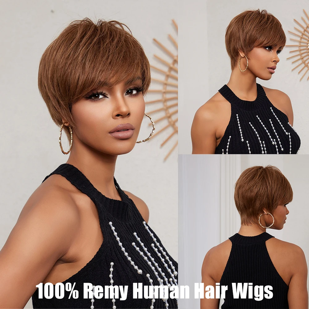 Remy Human Hair Wigs Chocolate Brown Hair Straight  Short Pixie Cut Bob Wigs for Women Brizilian Daily 6inches Machine Made Wig