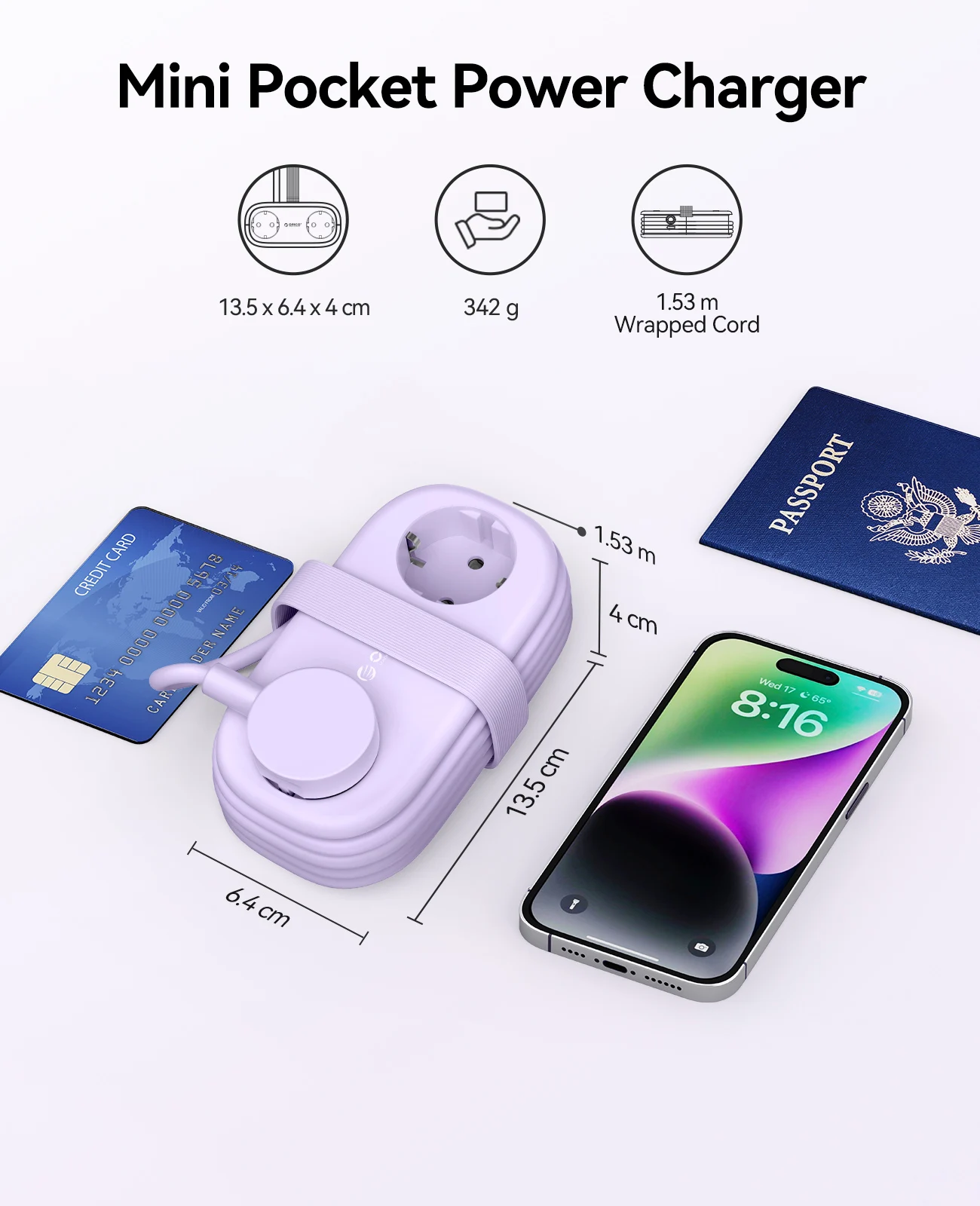 Listwa zasilająca ORICO 20W z wtyczką EU, 2 gniazda AC, 2 USB, 1 port Type-C, kabel przedłużający 1,53 m, inteligentne gniazdko do domu/na podróże — zdjęcie produktu 6