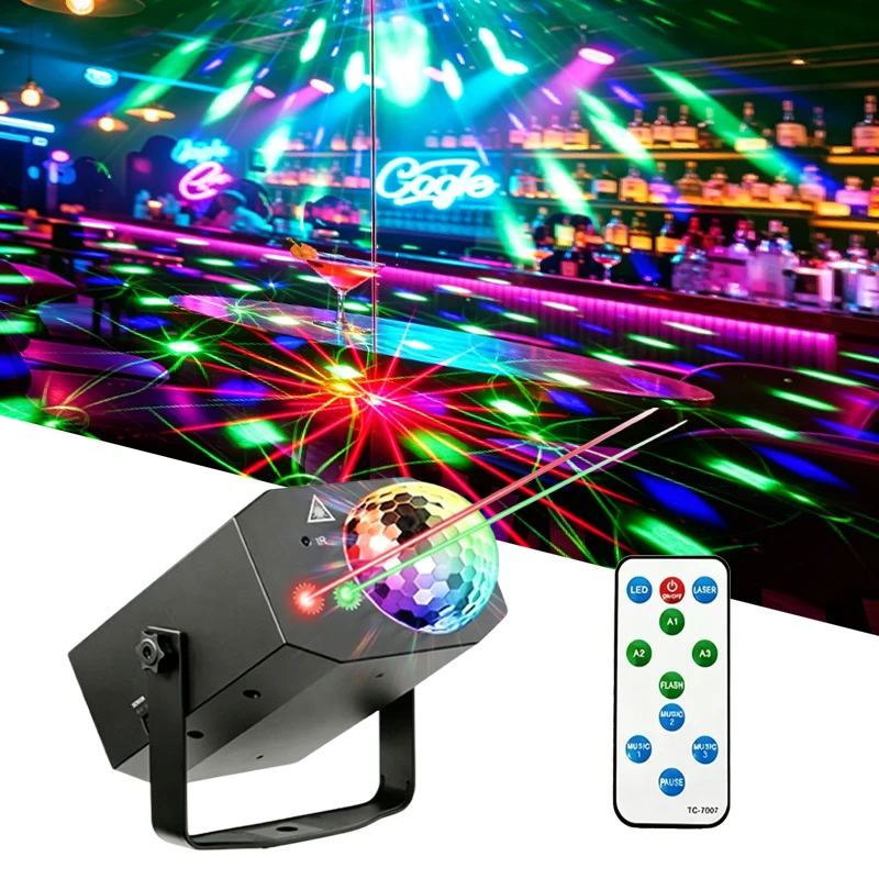 djディスコボールrgbパーティーステージライト、サウンド起動レーザーストロボパターンランプ、リモコン付きusb電源、家庭用kに最適