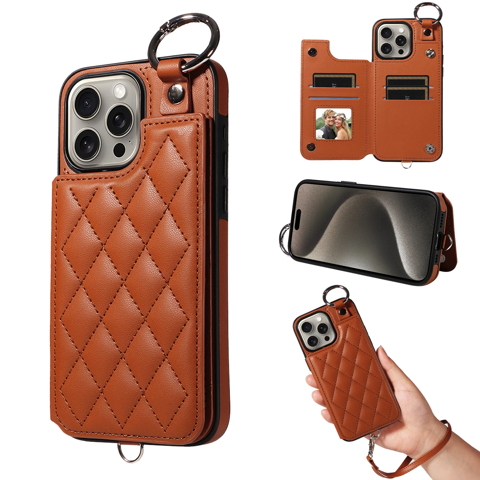 

Shockproof Luxury Leather Card Holder Wallet Case for iPhone 15 Pro Max 14 13 12 11 XR XS, Finger Ring Kickstand Cover Lanyard