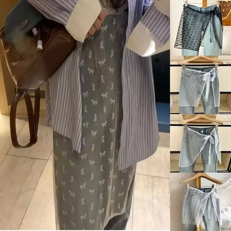

Korean Fashion Lace Irregular Skirt Curtain White Flowers Lace Mesh Halfbody Skirt Women Y2K Bottoms Jeans Decorative Hemline