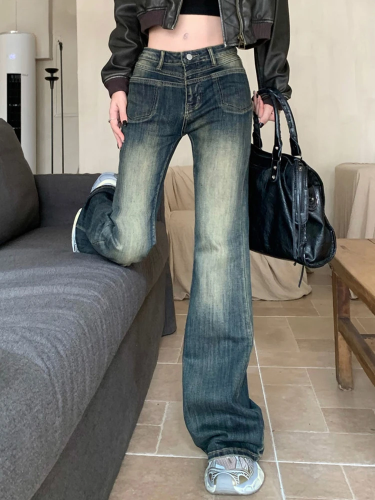 Jeans slim vintage lavado azul feminino com bolsos, cintura alta, comprimento total, casual, chique, escritório, senhora, moda feminina, Y2K