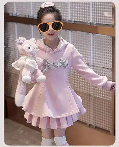 2026 winter spring Girls set Clothes teenager smile pearl slim hooded sweatshirts Top + pleated skirt 4 6 7 8 9 10 11 12 14 year