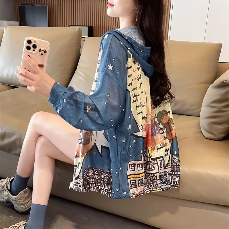 

Sun Protection Jacket Rayon Summer Sun Protection Shirt Women UV-Protective Jacket Cardigan Hood Print Design Tops Long-Sleeve