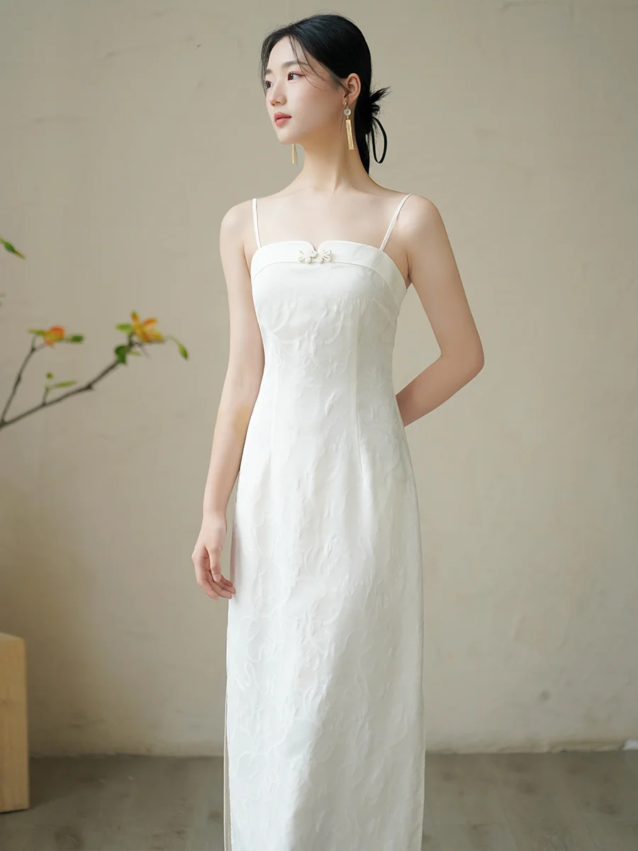 

New Chinese Sle Summer Long Dr Women's Base Layer T Dr Embroidered ter Ne Strapl Gown High Waist Poly Fiber