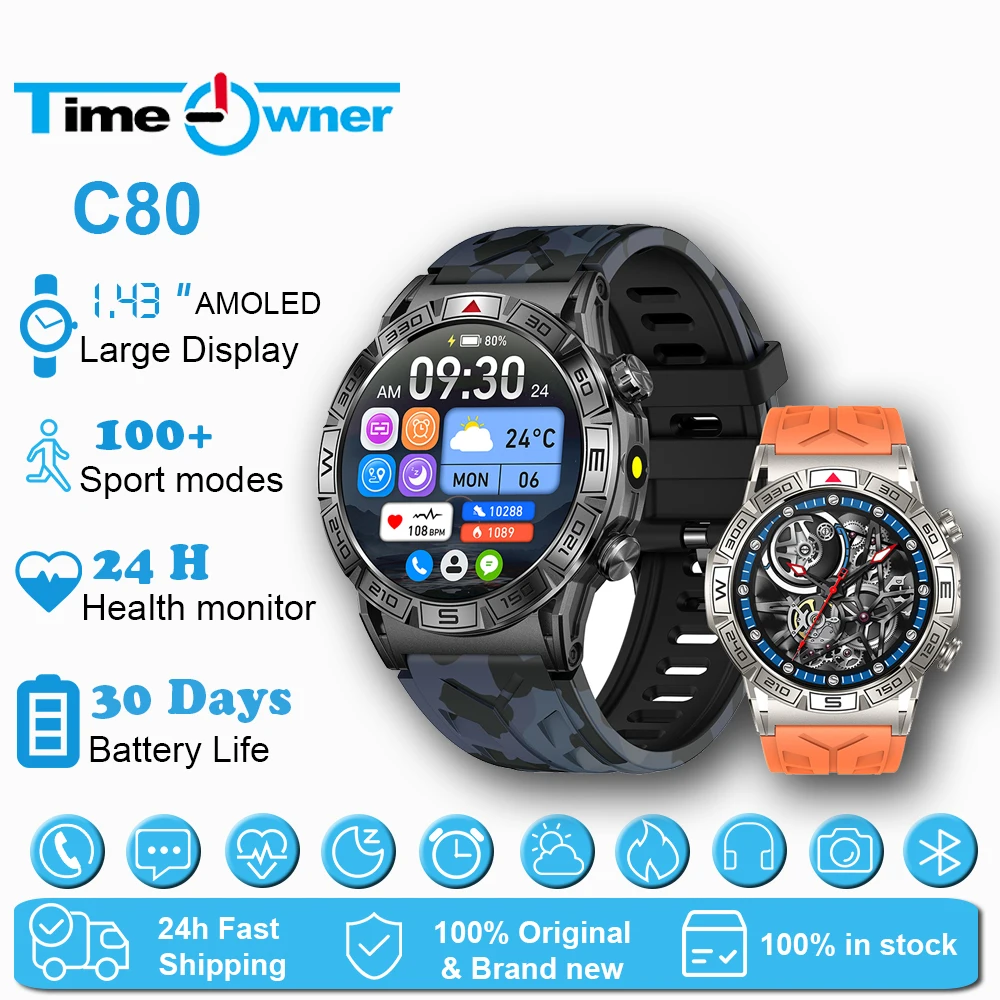 Time Owner 1.43 inch Smart Watch Outdoor Smart Watch, Professional Expedition Equipment, IP68 Waterproof C80 Smartwatch