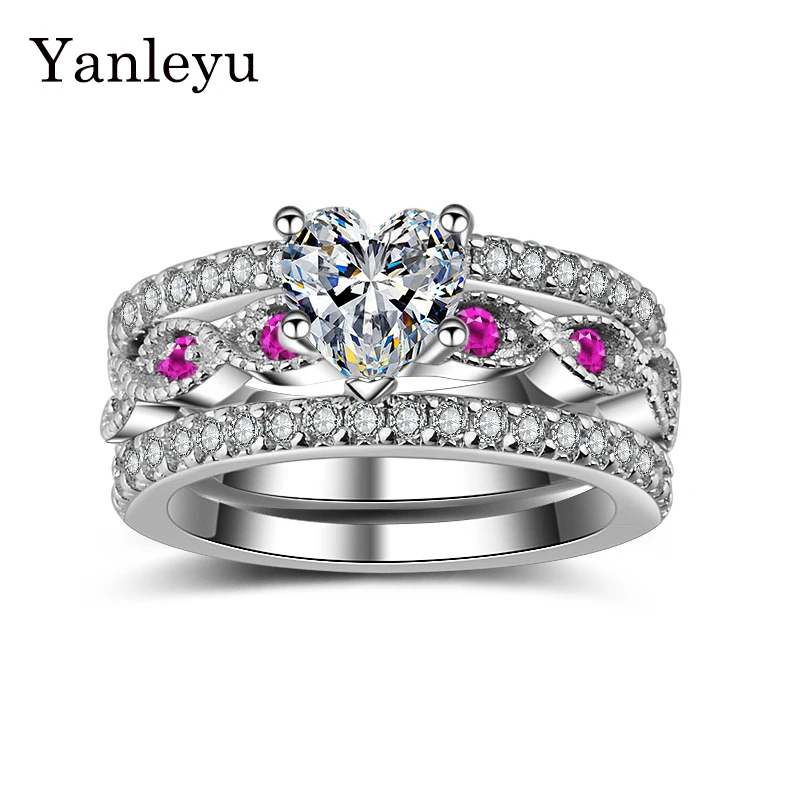 Yanleyu 3pcs/set Luxury Solid Silver Color Engagement Rings Set for Women Heart Shape Cubic Zircon Wedding Jewelry Gift PR175