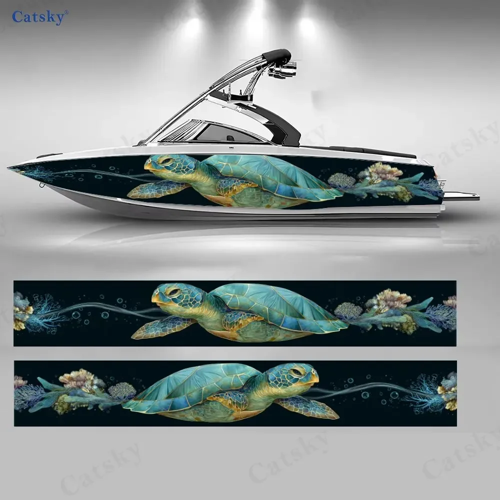 Serene Deep Sea Roaming Sea Turtle Boat Stickers, PVC Waterproof Vinyl Wrap Decals for Fishing Boats, Durable and Stylish Design