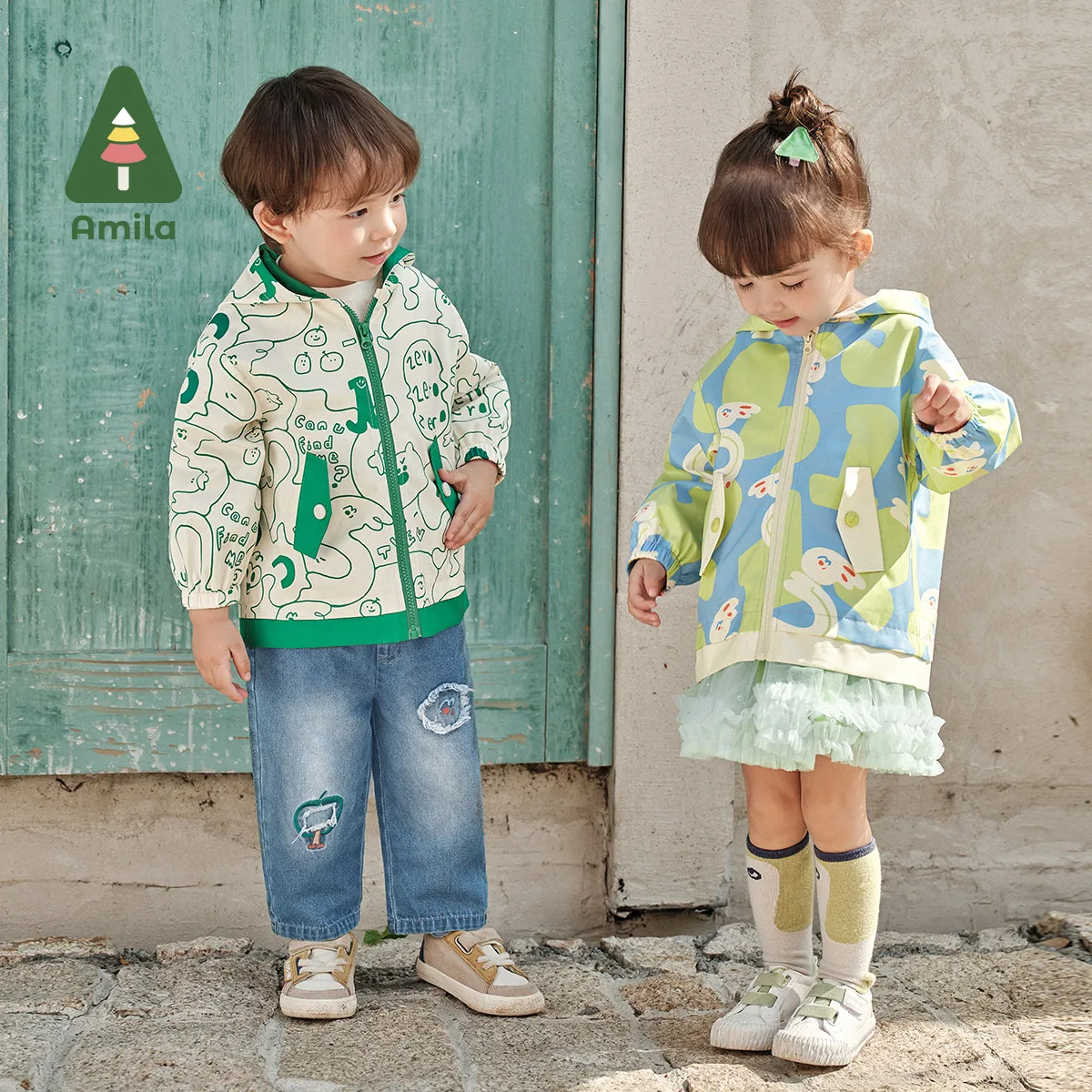 Amila Baby Jacket 2024 Spring New 3-in-1 Waterproof Windproof Printed Coat Girls Boys Cute Children Clothes