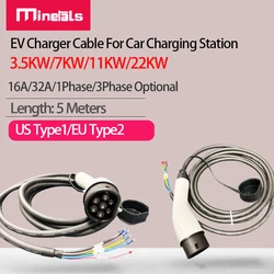 EV Charger Plug Type1 Type2 Cable US EU 16A 1Phase 3Phase Car Charging Station 3.5KW 11KW for Electric Vehicle