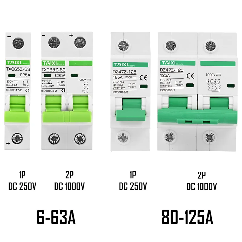 DC1000V Circuit Breaker 2P MCB 1P Short Circuit Protector 6A 10A 16A 20A 50A 60A 100A 125A DC24V 48V 100V Voltage Solar Power