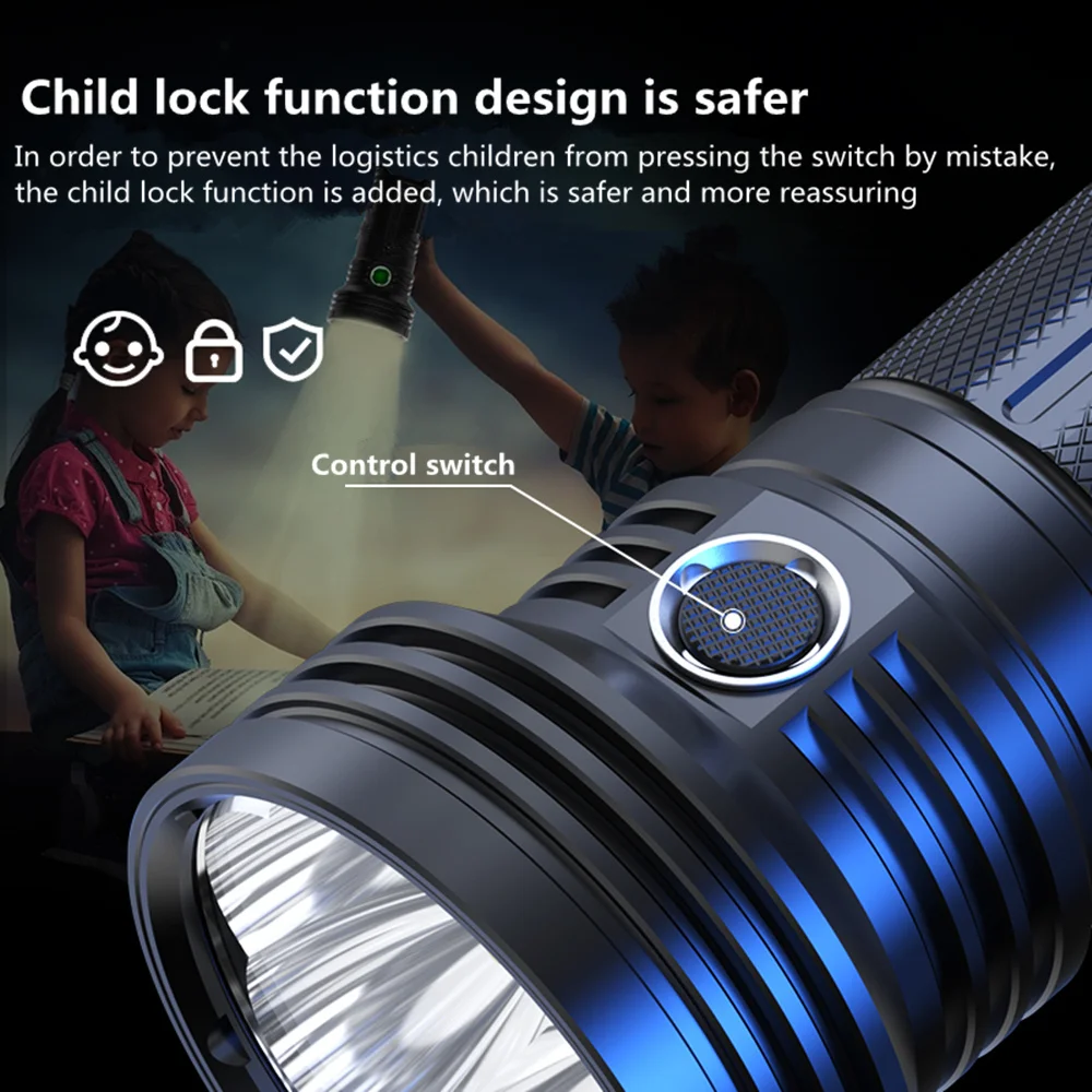 High Power Waterproof Flashlight 45000 Lumens 8*P70 Lamp Beads Wine Appraisal Light With Child Safety Lock