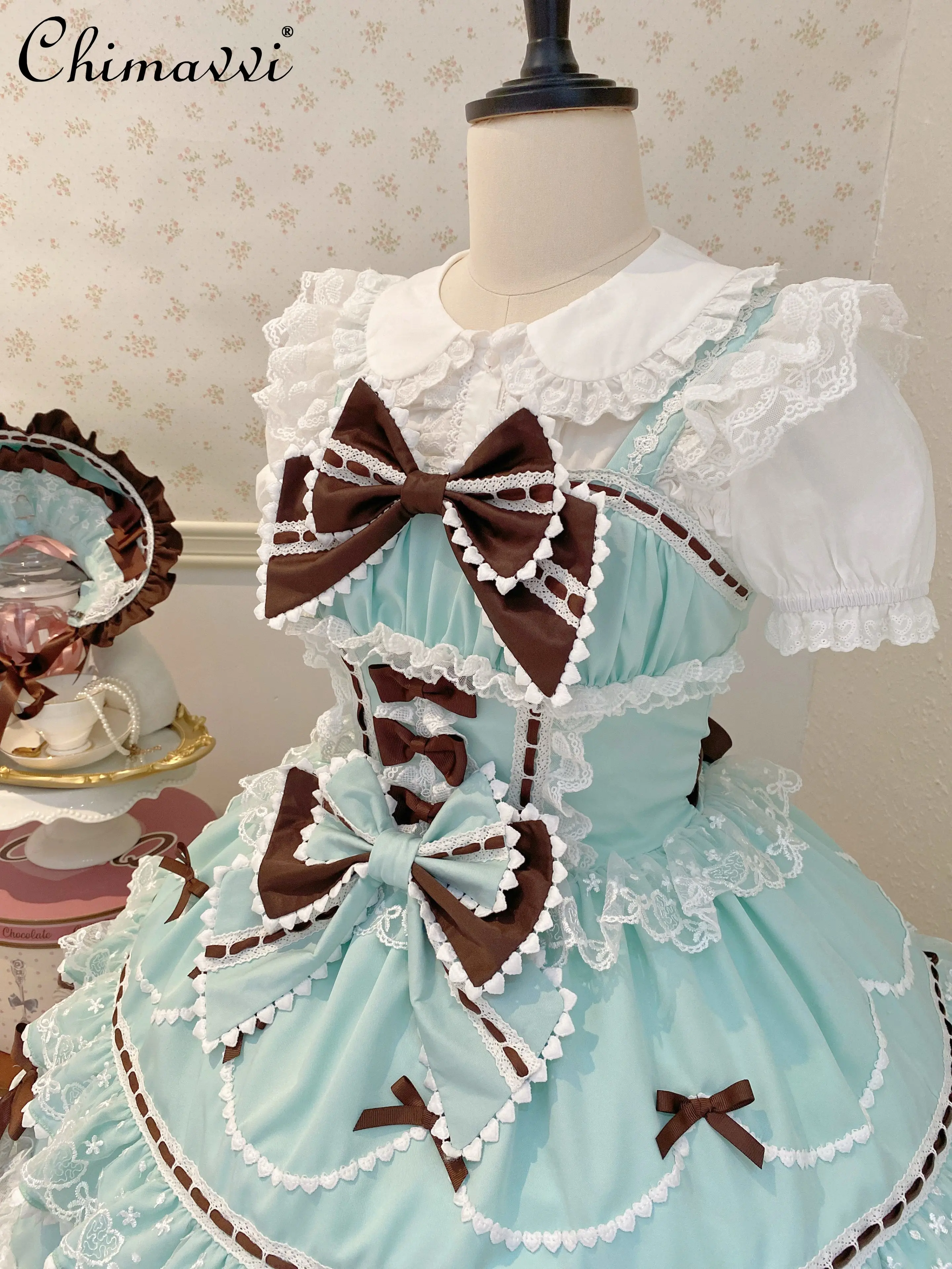 New 2025 Summer Original Sweet Lolita Jsk Dress Cute Bow Lace Stitching Kawaii Girls Women Elegant Slim Suspender Dresses - Image 5