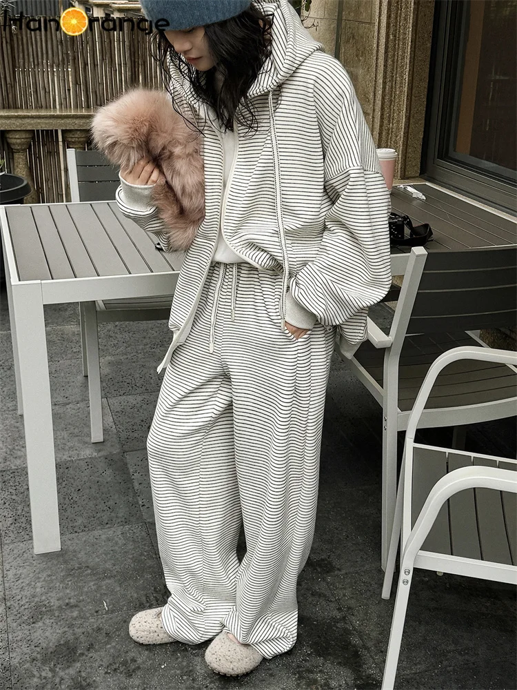 HanOrange 2026 Felpa con cappuccio con cerniera a righe retrò a contrasto primaverile da donna Silhouette allentata con cappuccio Top bianco sporco/grigio carbonio