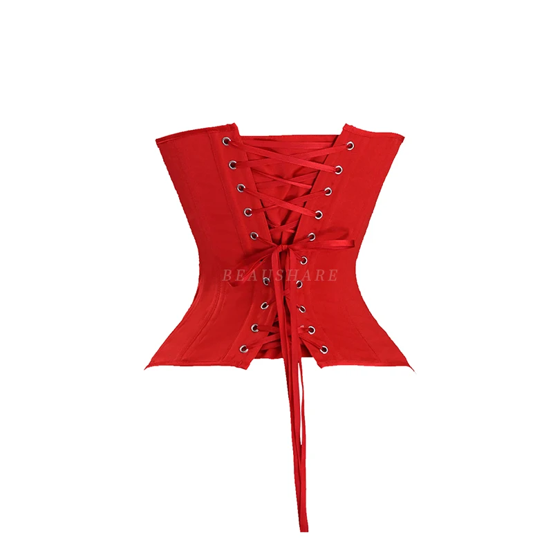 女性コルセットビスチェカップオーバーバストヴィンテージボディスタイトレースアップダブル骨太整形トップスウエストチナー結婚式サテンレッド