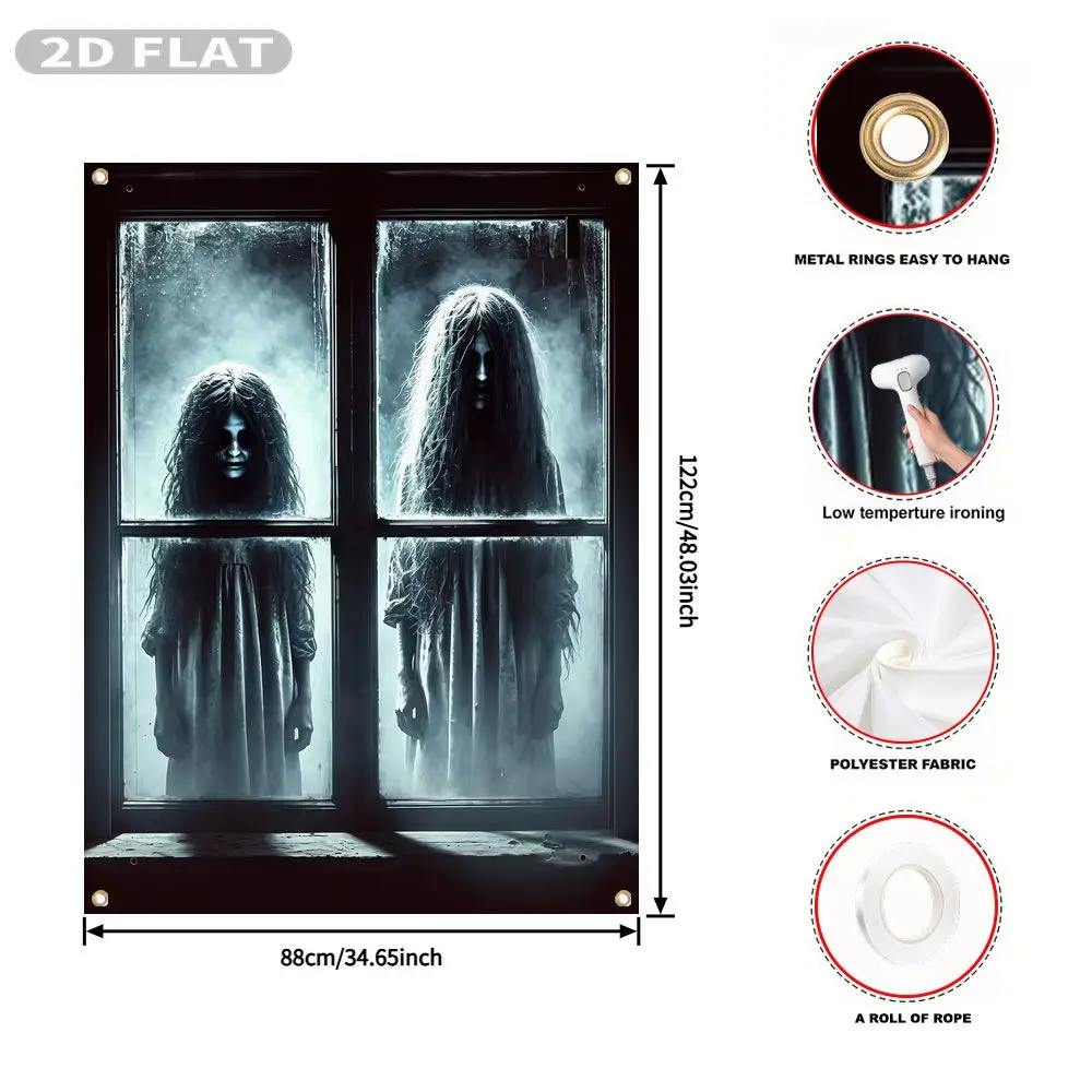 2D FLAT 1pc Party Window Cover Banner, with Two Ghostly Girls Behind Foggy Window Pane, No Power Need Home Decor