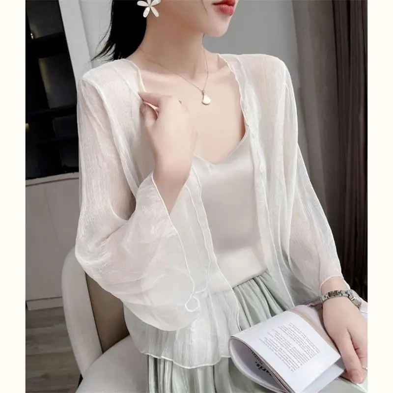 

Silk Sun Protection Shawl Women's Ultra Fairy Thin Summer Open Cardigan Outerwear Glossy New Short V-neck Seven-sleeve