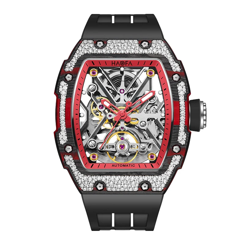 Haofa Automatic Watch for Men Luxury Carbon Fiber Diamond Case Skeleton Mechanical Watch Sapphire Waterproof Luminous Watch 1989