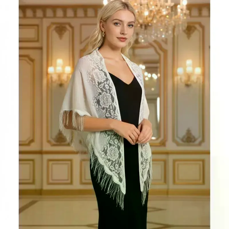 Sheer Tassel Fringe Floral Lace Shawl Triangle Elegant Bridal Wrap for Prom Homecoming Dance Evening Cover Up