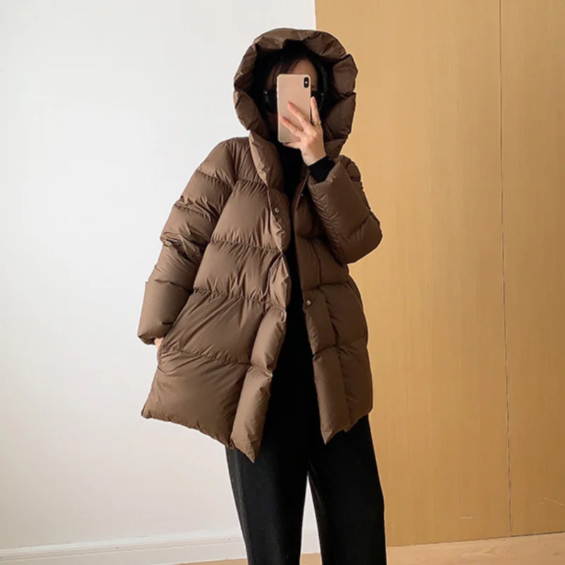 Women\'s Down Jacket Winter Coat Female Simple Slim Elegant with Belt Outerwears Thickened Warm Snow Mid-length Coats Down