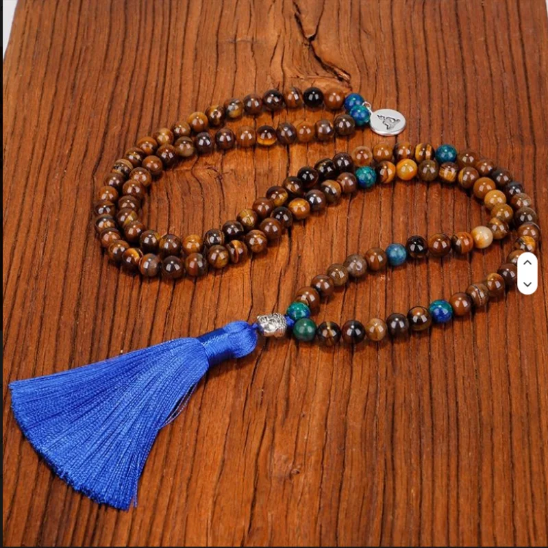 108 Mala Beads Prayer Necklace Tiger Eye Sweater Chain Tassel Pendant Necklace Protection Meditation Crystal Necklace Gift