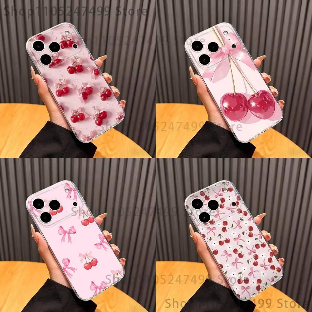 Ins Korean Lovely Bow Cherry Phone Case For iPhone 14 16 12 15 13 17 11 E Pro Max Plus Air Mini Custom Clear TPU Shell