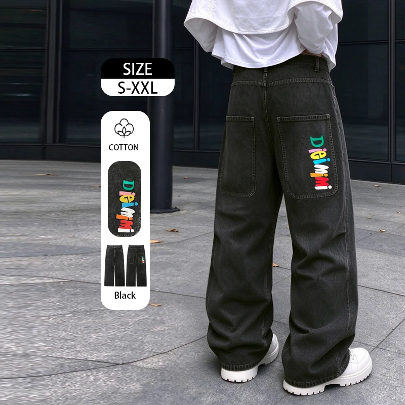 Men Black Gray Washed Baggy Wide Leg Jeans, Color Letter Print Back Pocket, Hip Hop Loose Straight Denim Trousers