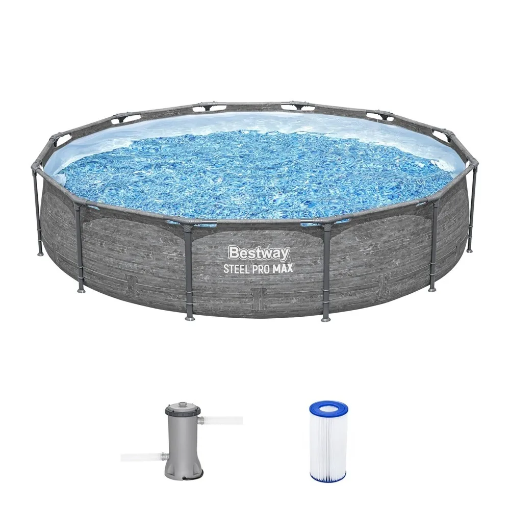 Round Metal Frame Above Ground Swimming Pool Set with Filter Pump & Stacked Stone Print, 12ft x 30in, Custom
