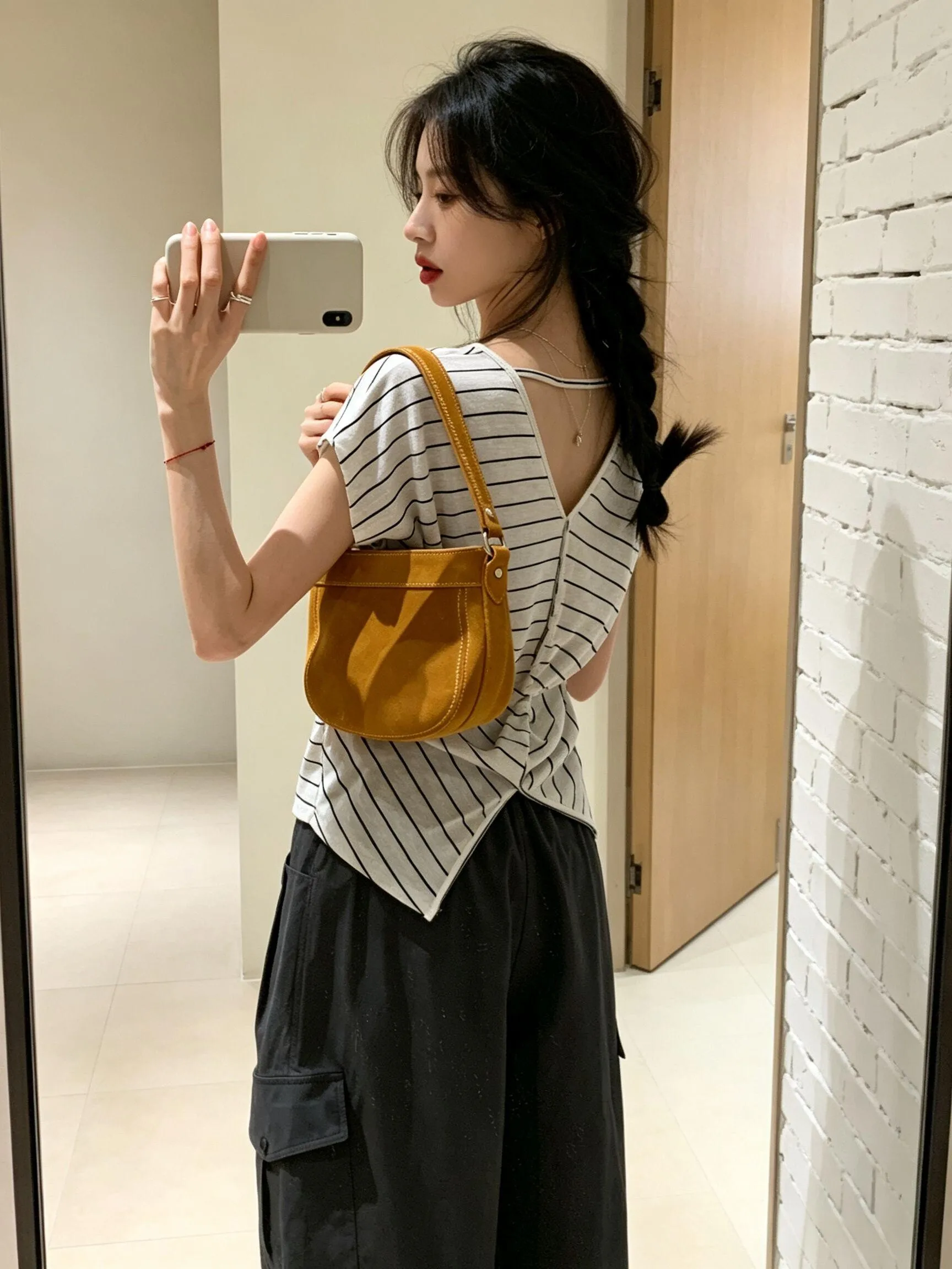 Summer Thin Women's T-shirt Back Hollow Button Stripe Short Sleeve Korean Style Chic Small Flying Sleeve Top City Walk Ladies...