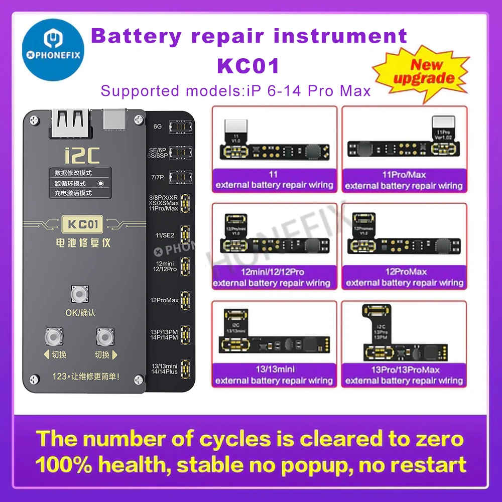 i2C KC01Battery Repair Programmer for iPhone X-15 Pro Max Battery Error Health Warnning Cycle Modify Battery Data Read&Write Box