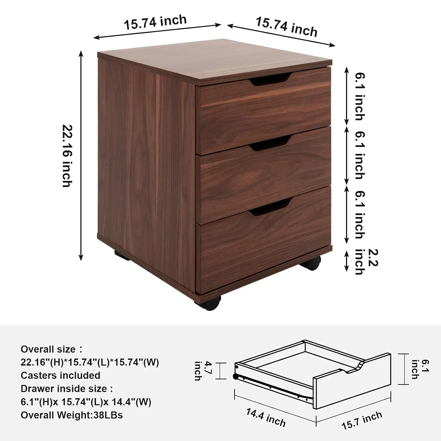 3-Drawer Vertical File Cabinet Rolling Wood Mobile Under Desk Home Office with Casters Brown Fully-Assembled, Customized