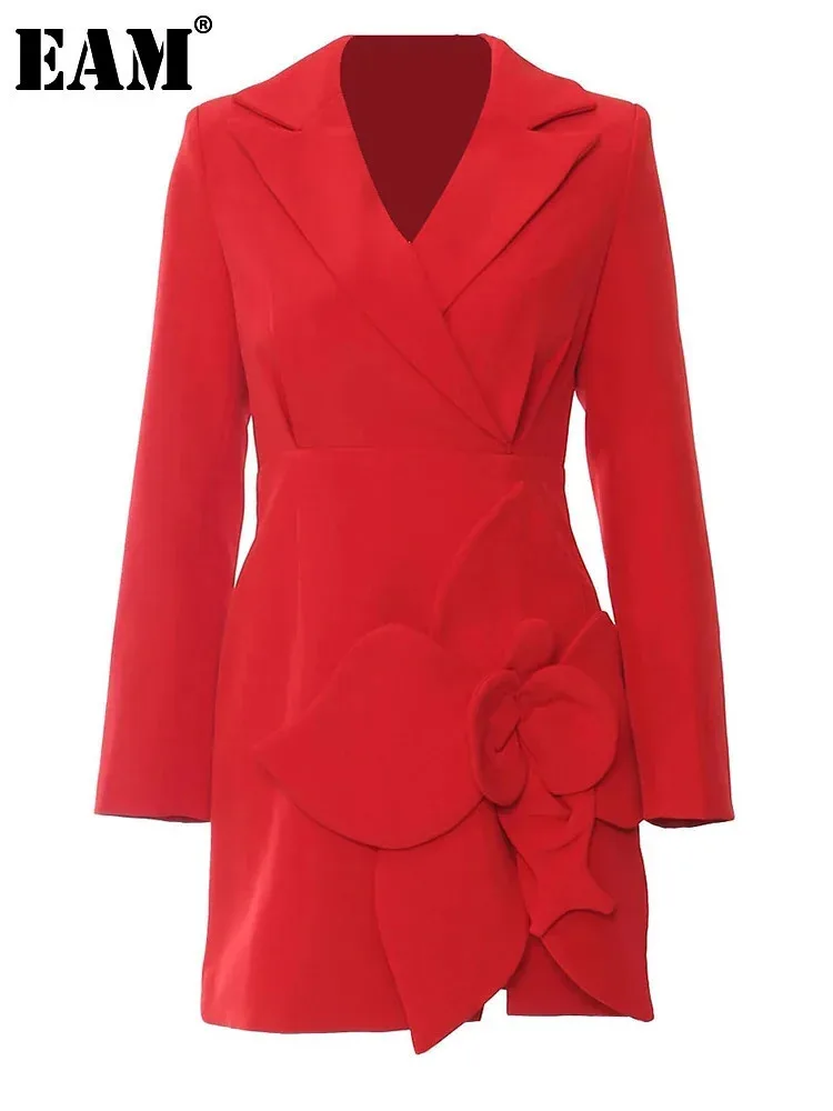 [EAM] Women Red Three-dimensional Flower Elegant Blazer New Lapel Long Sleeve Jacket Fashion Tide Spring Autumn 2024 1DH5116