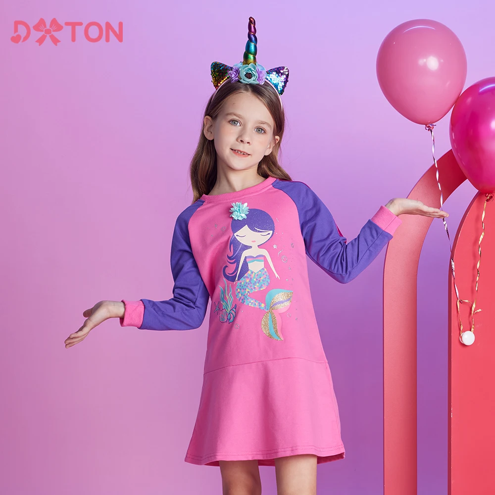 DXTON Autumn Spring Kids Dress for Girl Long Sleeve Straight Children Casual Dresses Kids Mermaid Cartoon Print Cotton Costumes