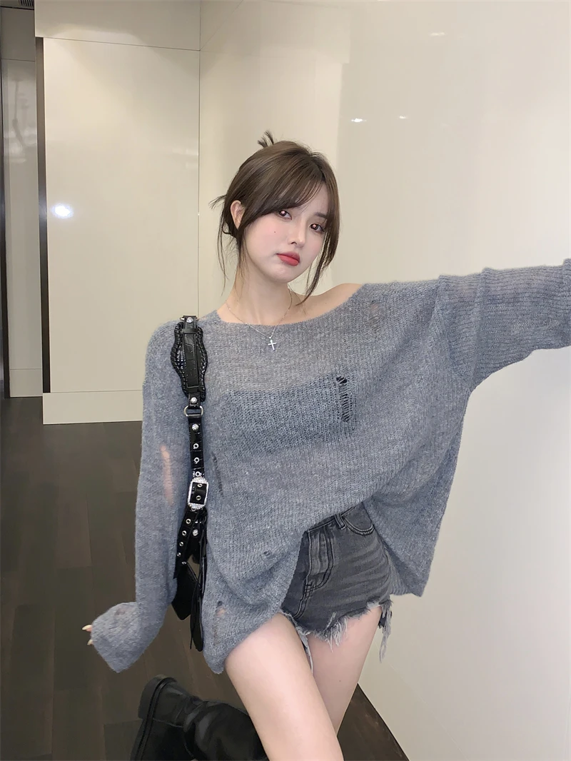 O-Neck Knitted Tops Oversize Long Sleeve Sweaters Gray Off Shoulder Hole Women Y2k Hollow Out American Retro Sueters Mujer