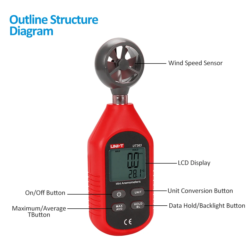 UT363 Handheld Wind Speed Measurement Mini Digital Anemometer Temperature Tester LCD Display Air Flow Speed Wind Level