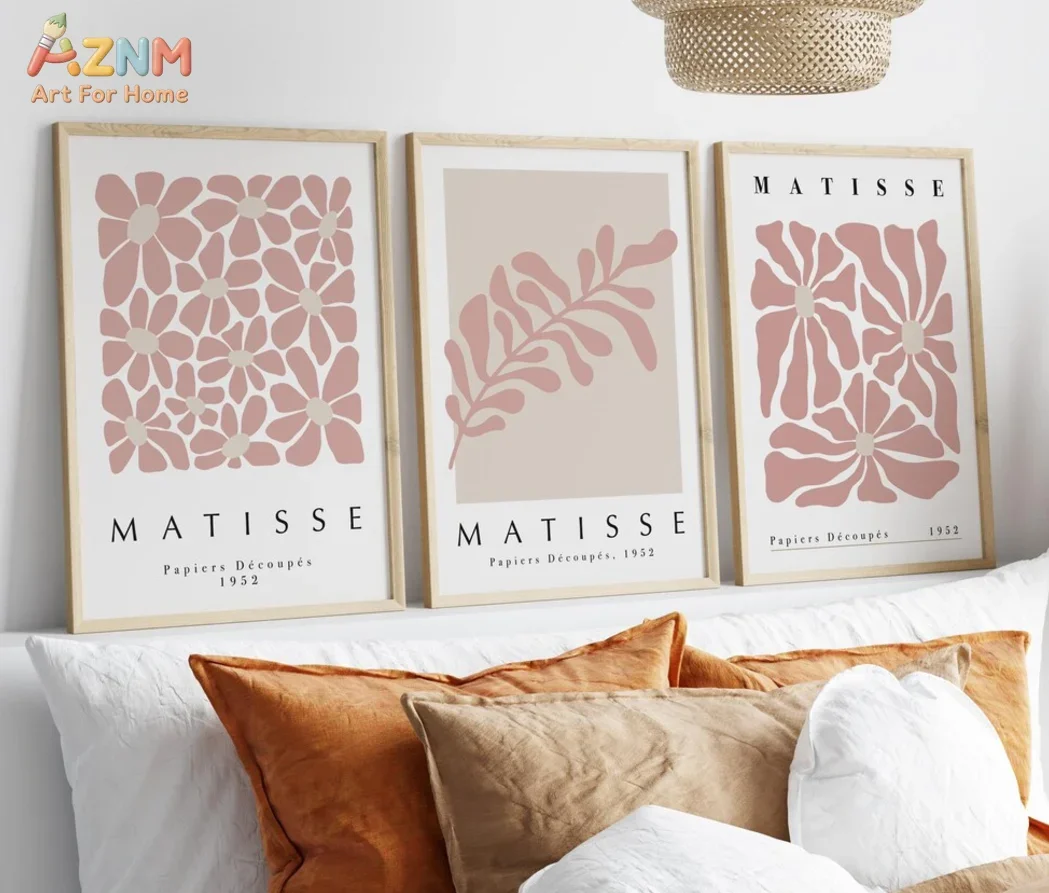 [2D Flat]1/3Pcs Canvas Poster(No Frame!!!) Matisse Cutouts Print Wall Art, Pink Floral & Leaf Design Decor for Boho Bedroom