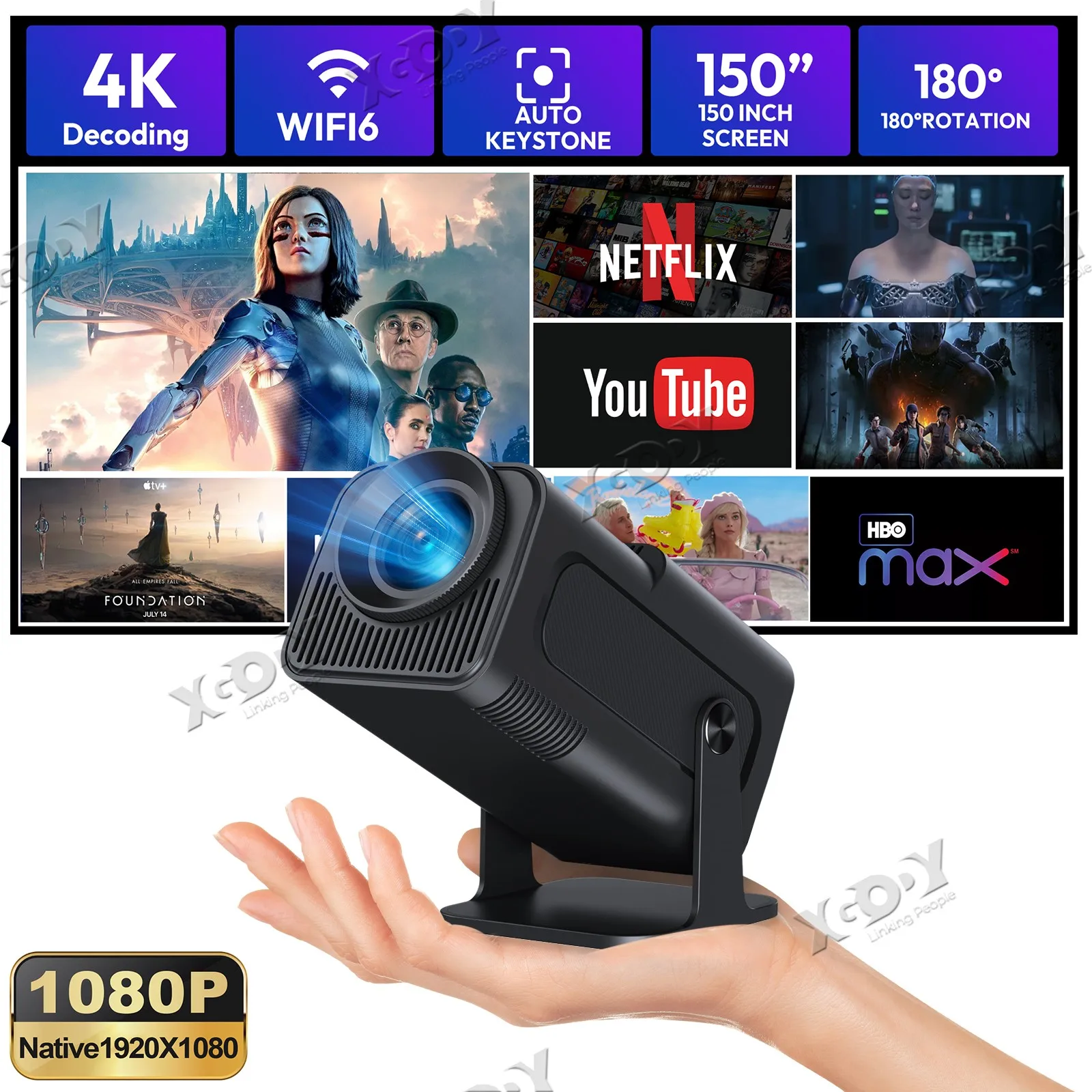 XGODY Smart Mini Projector Gimbal5 Android 11 Full HD Native 1080P 4K 5G WiFi 6 Home Movie Projector 180 Rotating For PC/Lap/PS5