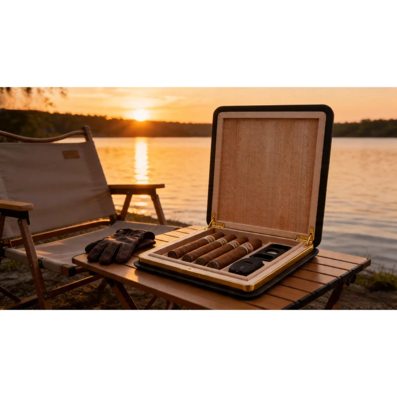 Geometric Pattern Black Humidor Box Gift Set for 5/8 Cigars Easy to Carry