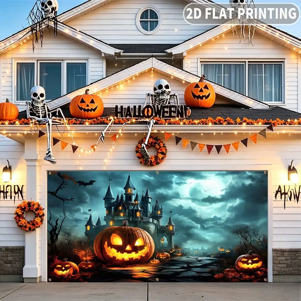 1pc 2D FLAT Halloween Party Garage Banner, Halloween Castle With Glowing Pumpkins Pattern, No Power Need, for Garage Door Decor