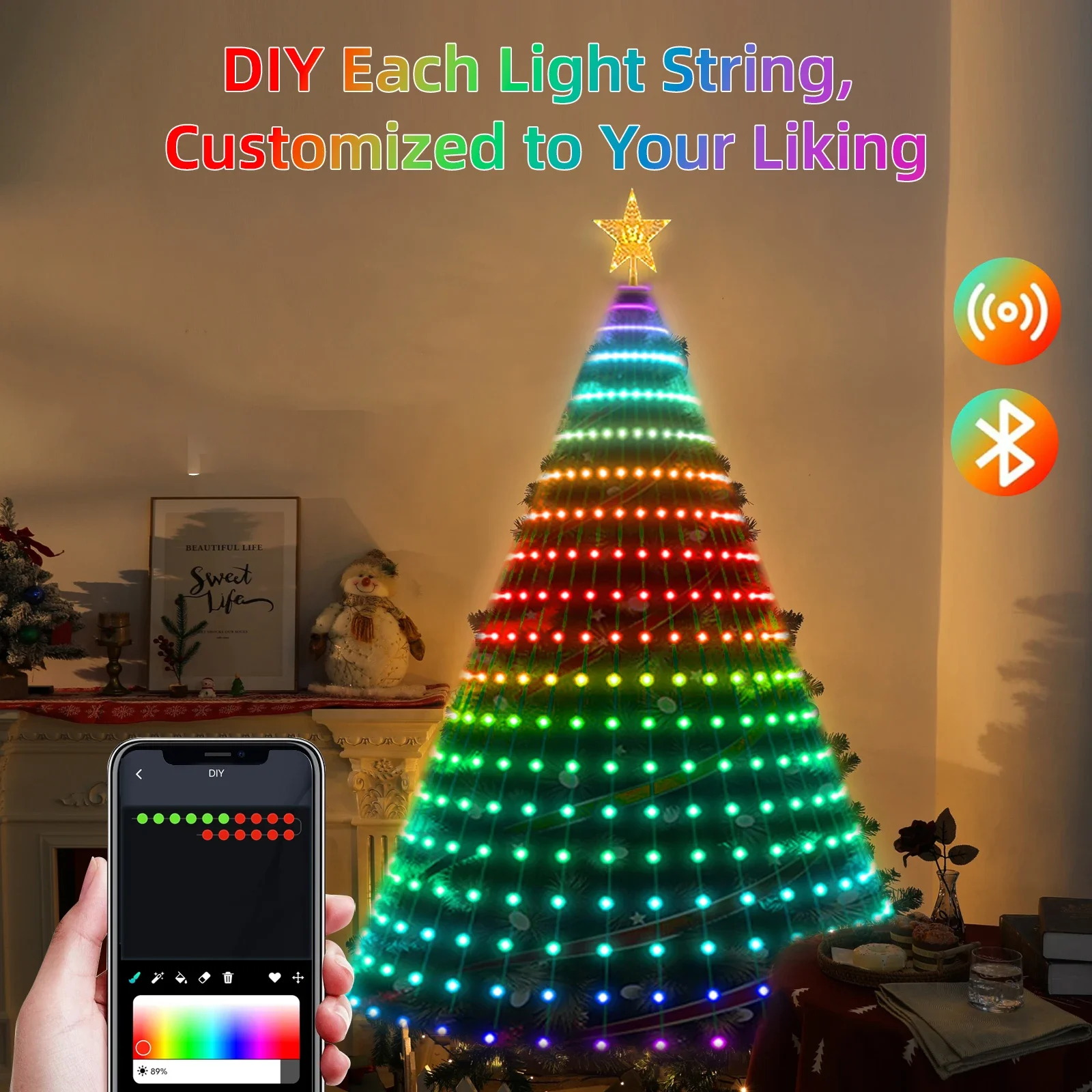 สมาร์ท RGB LED ไฟต้นคริสต์มาส Fairy LED Star Strings น้ําตก APP บลูทูธ Yard วันหยุดเพลงจังหวะไฟ RGB LED Xmas