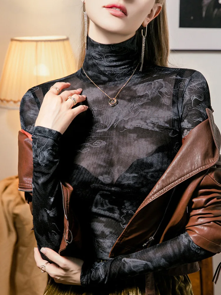

High Neck Totem Printed Base Mesh 2025 New Women's Clothing Inner Layer Autumn And Winter Top Small Shirt
