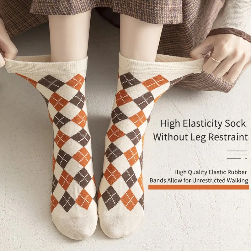 6 Pairs of Spring Summer Women Is Medium Socks Hose Khaki Vintage Flower Diamond Plaid Stripe Sweet and Comfortable