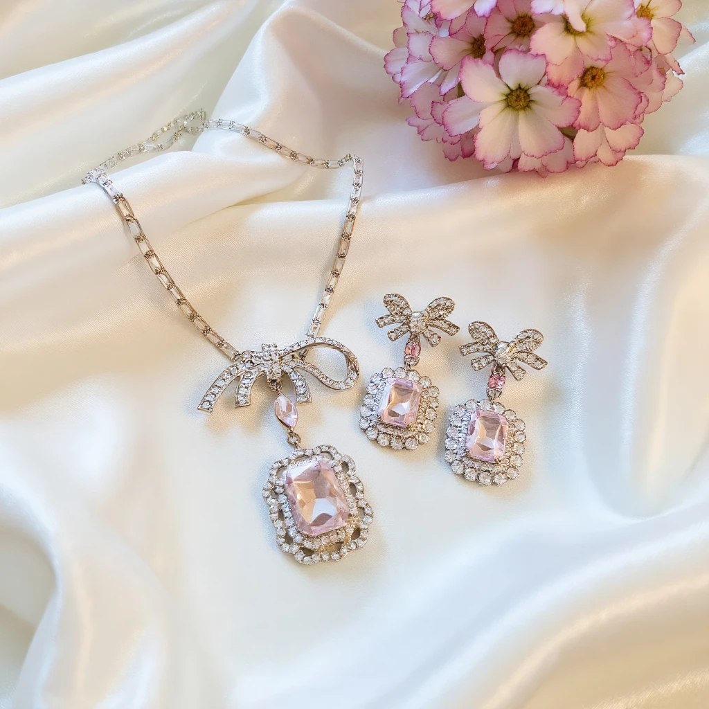 

3pcs Elegant Vintage Jewelry Set for Women Square Bow Necklace Shiny Crystal Choker Bridal Wedding Earrings Party