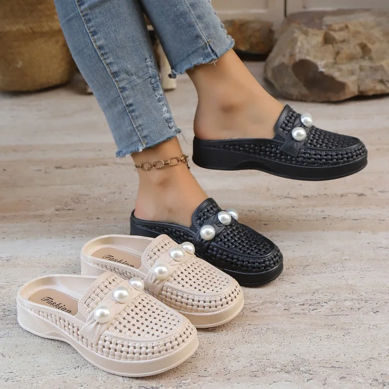 

2025 Summer Mesh Braided Women's Shoes Fashionable Breathable Toe Slippers Casual Women's Toe Wedge Sandals
