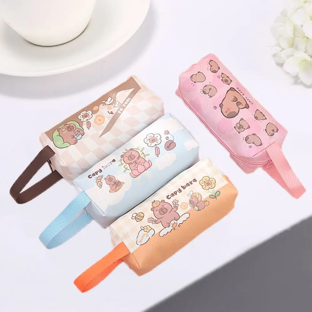 Zipper Capybara Pencile Bag Flower Stripe Capybara Coin Purse Large Capacity PU Leather Cartoon Makeup Lipstick Bag Female/Male