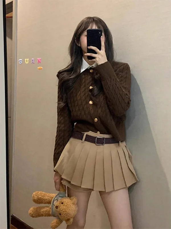 

Autumn Winter Women's Knitted Twist Sweater Cardigan High Waist Pleated Skirt Two Piece Set Korean Sle Slimming Faion