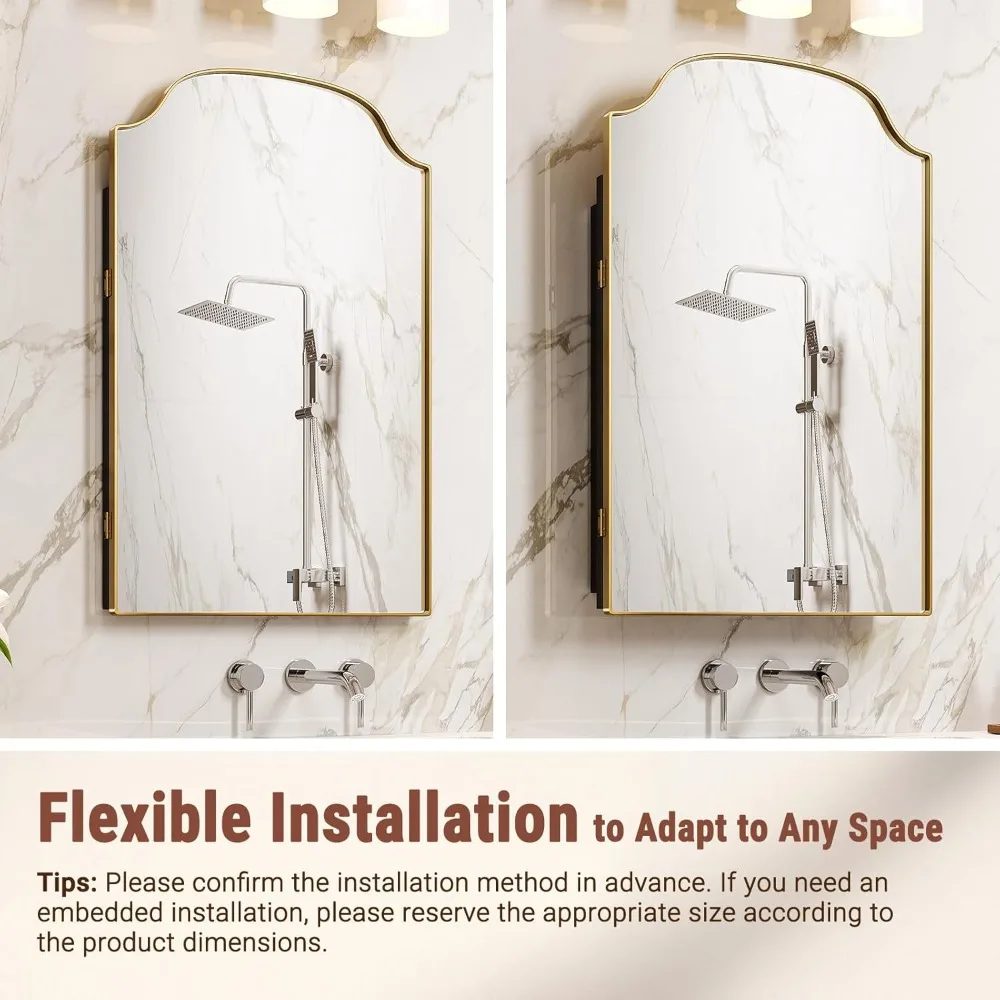 خزانة مرآة حمام بإطار معدني قوي مقاس 16 × 24 بوصة مع مساحة تخزين أو سطح أو حامل غائر، سهلة التركيب
